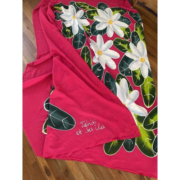 Tahiti Scarf Swimsuit Wrap 100% Rayon Hot Pink W/ White Flowers 44"‎ X 68" - Picture 13 of 13